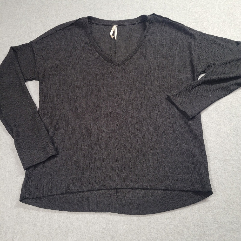 Anthropologie Black Textured V-Neck Long Sleeve Top Pullover‎ Crinkle Womens S